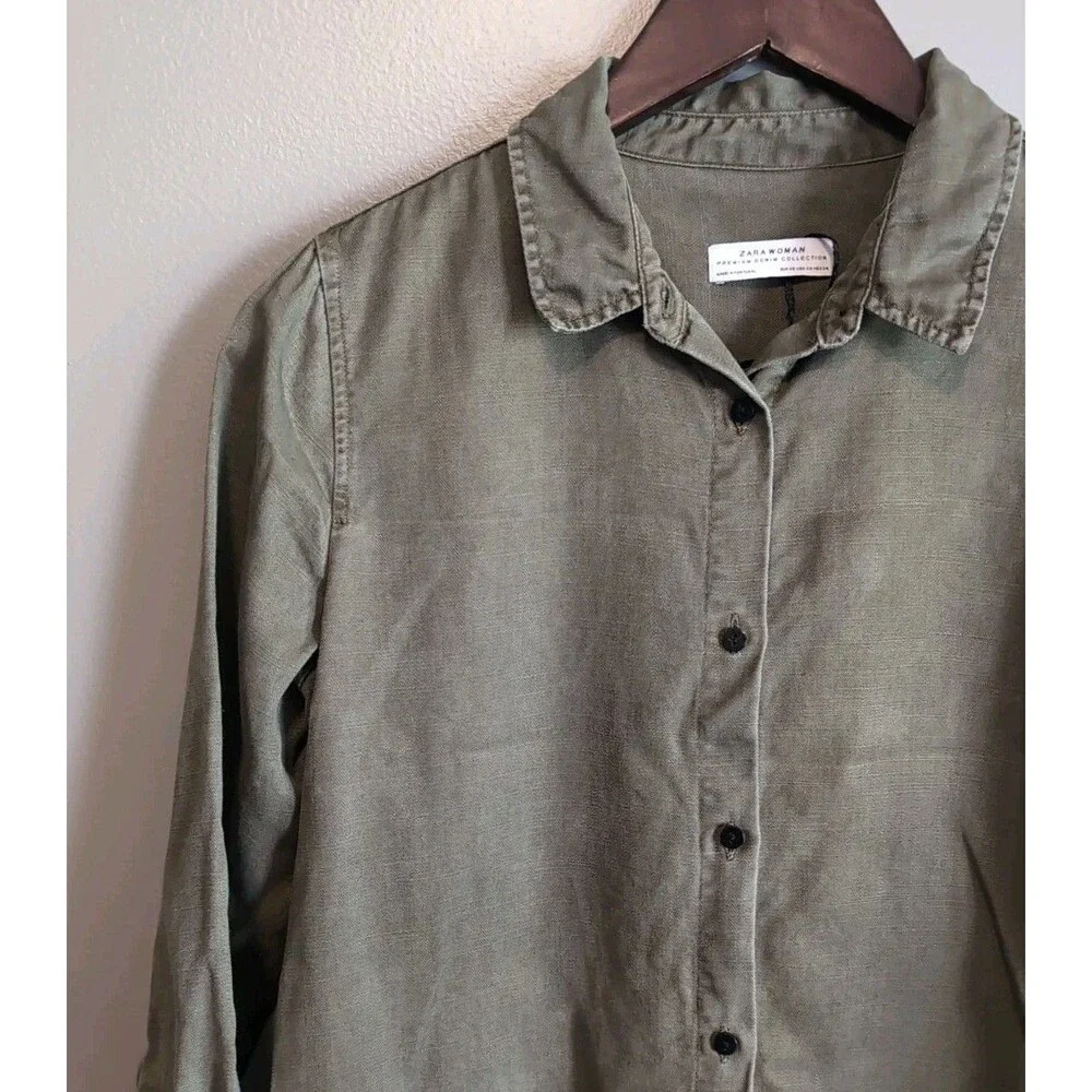 Zara XS Olive Green Denim Dress Button Up Shirt Mini Utility Military Straight